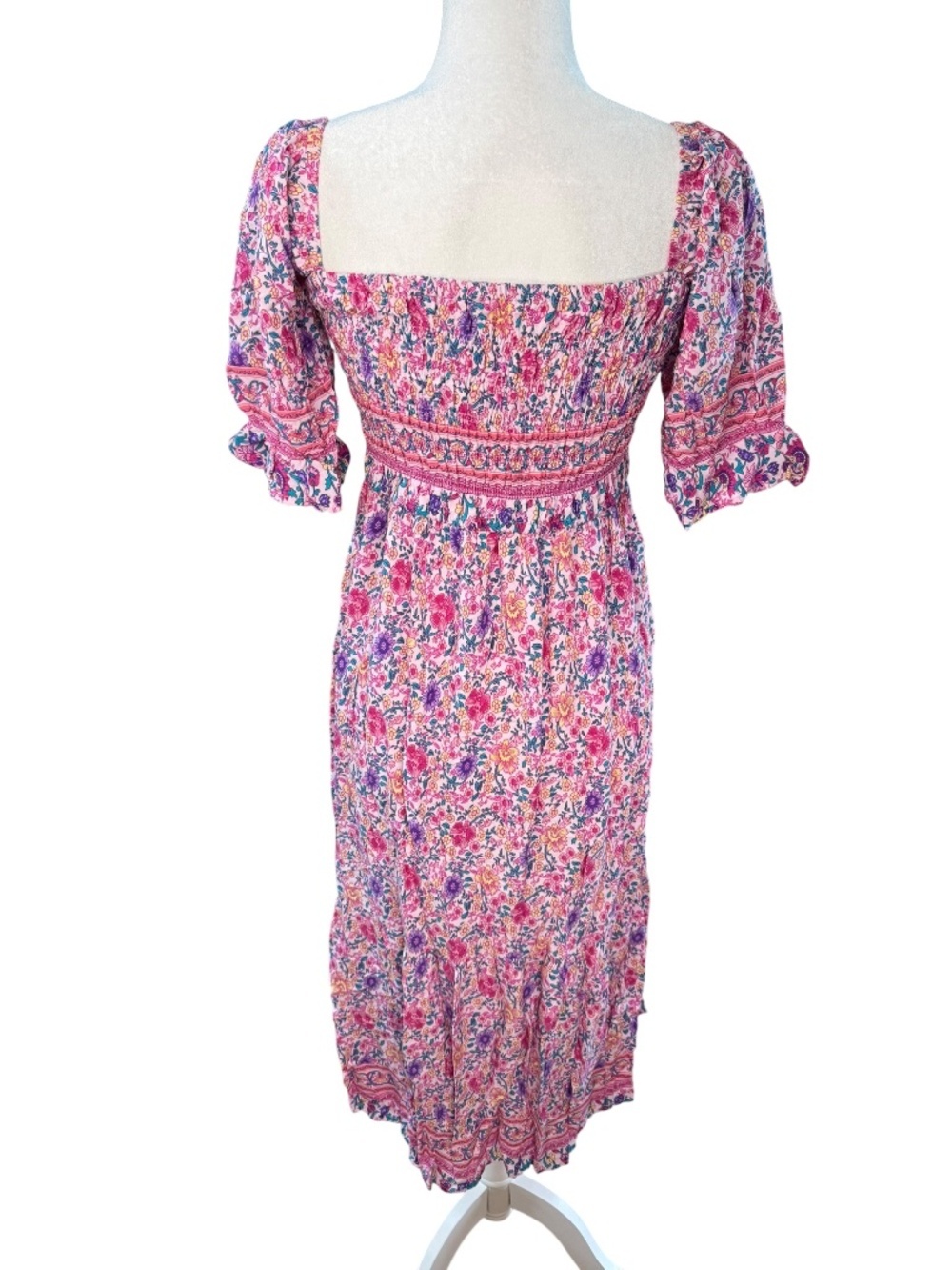 Pink Floral Smocked Puff Sleeve Midi Dress Size Large - Picture 4 of 9